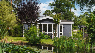 Tiny black cabin by a pond surrounded by green trees at Forest Lodge Wellness, Bospark Markelo, Netherlands.