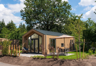 Charming Tiny Lodge with hot tub at Veluwepark de Bosgraaf, Netherlands, nestled among green trees.