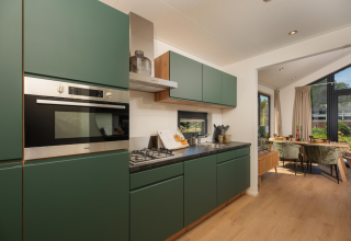 Modern green kitchen and dining area in Tiny Lodge with hot tub at Veluwepark de Bosgraaf, Netherlands.