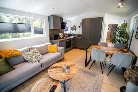 Soggiorno e cucina moderni nella Forest Lodge Comfort a Bospark Markelo, Paesi Bassi, con arredo elegante.