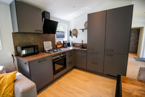Moderne grijze keuken in Forest Lodge Comfort op Bospark Markelo, Nederland, met stijlvolle apparatuur.
