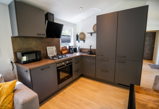 Cocina gris moderna en Forest Lodge Comfort de Bospark Markelo, Países Bajos, con diseño funcional y elegante.