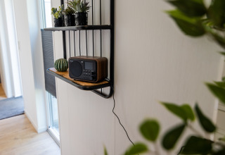 Scaffale interno con radio, piccole piante e cactus presso Forest Lodge Comfort a Bospark Markelo, Paesi Bassi.