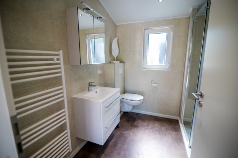 Moderne badkamer in Forest Lodge Comfort, Bospark Markelo, Nederland, met douche, toilet en wastafel.