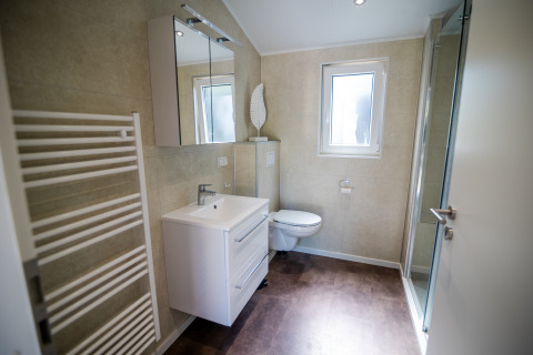 Moderne badeværelse på Forest Lodge Comfort, Bospark Markelo, Holland, med bruser, toilet og håndvask.