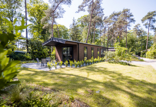 Forest Lodge Comfort au Bospark Markelo, Pays-Bas, entouré de verdure luxuriante et de grands arbres.
