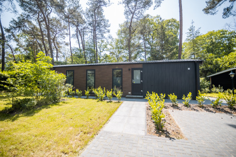 Forest Lodge Comfort bij Bospark Markelo in Nederland, omringd door bomen en een groene tuin.
