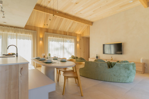 Modernes Wohnzimmer in der Villa Lodge mit Jacuzzi bei Woodz Lodges in Belgien, helle Holzelemente.