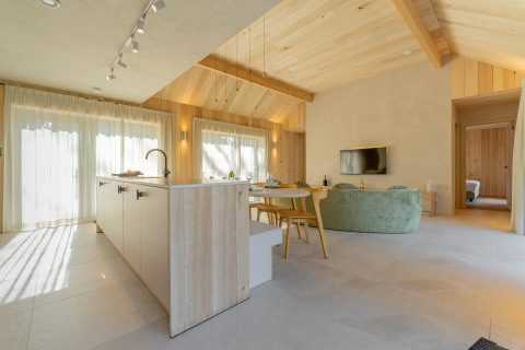 Moderne open leefruimte en keuken in Villa Lodge met Jacuzzi bij Woodz Lodges, België.