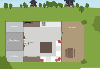 Plattegrond van Wood Lodge in Vakantiepark De Boshoek, met veranda, keuken en drie bedstedes.