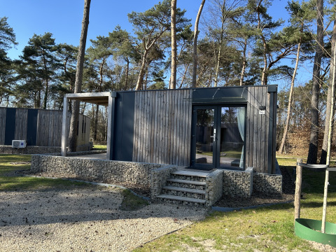Moderne lodge Domus 4+2 op Zilverstrand in België, omringd door bomen en natuur op een zonnige dag.