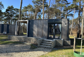 Moderne lodge Domus 4+2 op Zilverstrand in België, omringd door bomen en natuur op een zonnige dag.