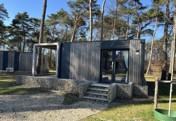 Moderne lodge Domus 4+2 ved Zilverstrand, Belgien, omgivet af træer og natur under en klar blå himmel.