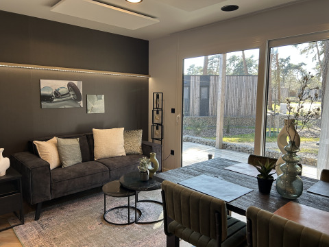 Moderne woonkamer in Domus 4+2 lodge op Zilverstrand in België met bank, eettafel en grote ramen naar buiten.