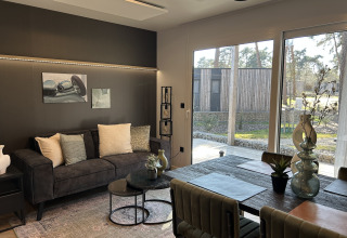 Moderne woonkamer in Domus 4+2 lodge op Zilverstrand in België met bank, eettafel en grote ramen naar buiten.