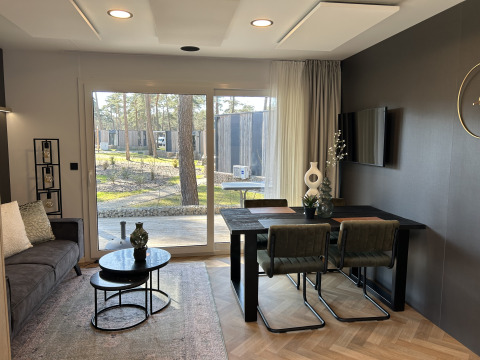 Moderne lodge Domus 4+2 op Zilverstrand in België, met stijlvolle woonkamer, eetruimte en tuinzicht.