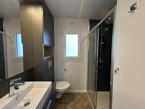 Moderne badkamer in Domus 4+2 op Zilverstrand in België met douche, toilet en wastafel.