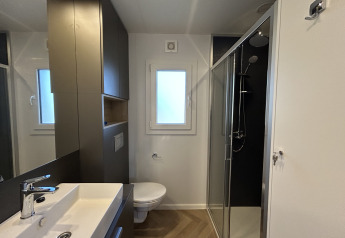 Moderne badeværelse i Domus 4+2 på Zilverstrand i Belgien med brusekabine, toilet og vask.