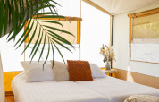 Vista interior de Safari Tent Lodge con cama doble, plantas y decoración acogedora en los Países Bajos.