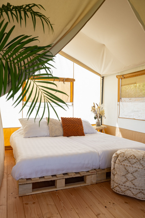 Binnenzicht van Safari Tent Lodge met dubbel bed, planten en gezellige inrichting in Nederland.