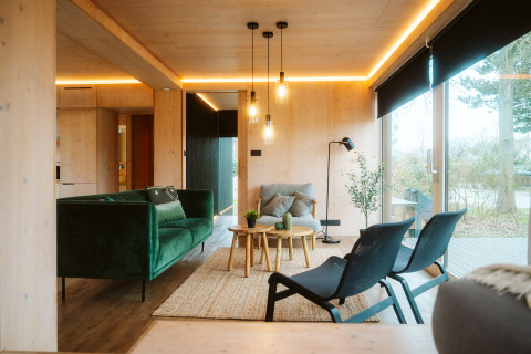 Moderne woonkamer in Ark Shelter bij De Klepperstee, Nederland, met groene bank en grote ramen.