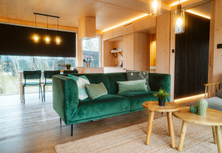 Moderne woonkamer met groene bank, houten tafels en daglicht in Ark Shelter, De Klepperstee, Nederland.