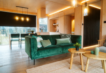 Moderne woonkamer met groene bank, houten tafels en daglicht in Ark Shelter, De Klepperstee, Nederland.