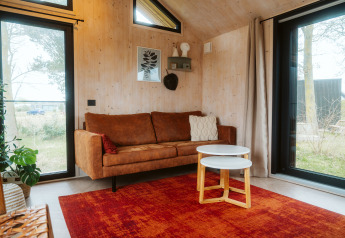 Moderne woonkamer met bruine bank, rood vloerkleed en grote ramen in een tiny house bij De Klepperstee, Nederland.