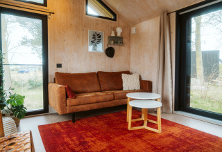 Sala moderna con sofá marrón, alfombra roja y grandes ventanales en una tiny house de De Klepperstee, Países Bajos.