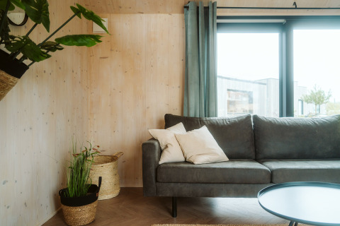 Lichte en gezellige woonkamer in Melle, een tiny house op vakantiepark De Klepperstee, met bank, planten en grote ramen.