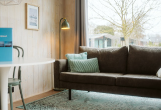 Moderne woonkamer in Tiny Rebel, Holiday park De Klepperstee, met groene zetel, lamp en groot raam.