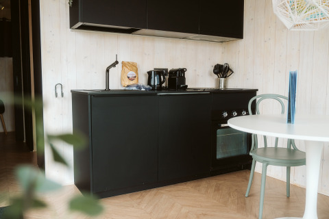 Coin cuisine moderne noir dans la tiny house Tiny Rebel au parc De Klepperstee, Pays-Bas, avec appareils.