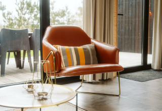 Sillón de cuero elegante con cojín a rayas junto a la ventana en el lodge Kleproos, De Klepperstee, Países Bajos.