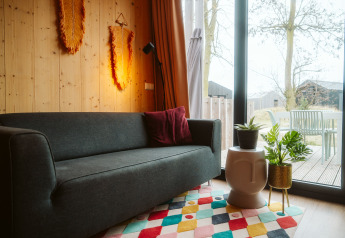 Salon moderne d’une tiny house avec canapé sombre, tapis coloré et plantes à De Klepperstee aux Pays-Bas.