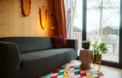 Salon moderne d’une tiny house avec canapé sombre, tapis coloré et plantes à De Klepperstee aux Pays-Bas.
