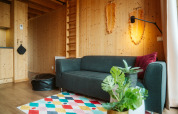 Moderne tiny house living met grijze sofa, kleurrijk vloerkleed en houten muren bij Klaproos, De Klepperstee.
