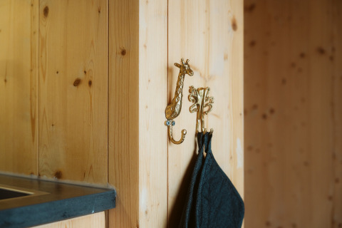 Two brass animal-shaped hooks on a wood wall in the Klaproos tiny house at De Klepperstee, Netherlands.