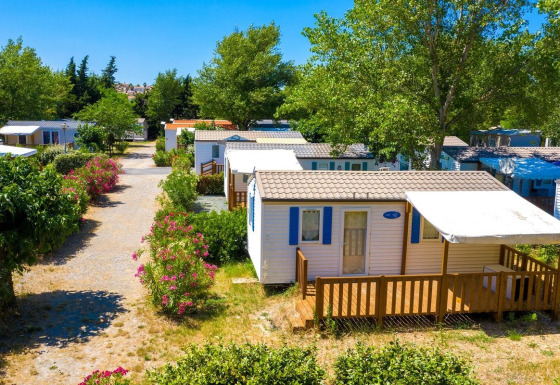 Foto van een gezellige chalet met houten terras, omringd door bomen en bloeiende struiken in de zomer.