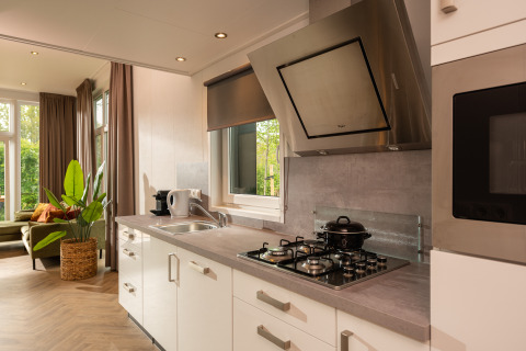 Moderne keuken met gaskookplaat, afzuigkap en grote ramen in een lodge op Holiday Park Mölke, Nederland.