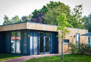 Moderno lodge in legno con grandi finestre immerso nel verde presso Holiday Park Mölke nei Paesi Bassi.