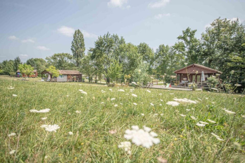 Blick auf eine Wiese mit Blumen und Holzhütten im Club Les Ormes, Ferienpark in Nouvelle-Aquitaine, Frankreich.