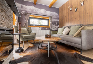 Stue i Panorama Lodge ved Pressegger See i Østrig med sofa, lænestol, træbord og bjergudsigt.