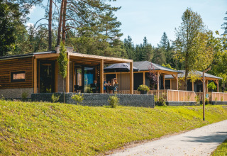 Panorama Lodge en Pressegger See, Austria, con modernas cabañas de madera rodeadas de vegetación y árboles.