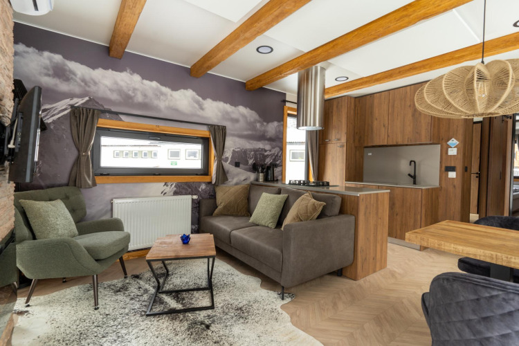 Modern living area in Panorama Lodge featuring a mountain mural, exposed wooden beams, and open kitchen space.