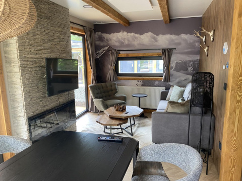 Salon moderne avec cheminée, télévision, canapé et fauteuils à la Panorama Lodge, Pressegger See, Autriche.