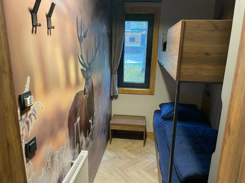 Lille hyggelig hytteværelse på Panorama Lodge ved Pressegger See i Østrig med køjeseng og rådyrmotiv.