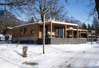 Panorama Lodge cabins set in a snowy winter landscape, with mountain views and clear blue sky visible.