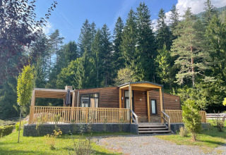 Cabaña de madera en Panorama Lodge, Pressegger See, Austria, rodeada de bosque y cielo despejado.