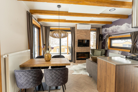 Moderne woon- en eetruimte in Panorama Lodge aan de Pressegger See in Oostenrijk met houten accenten.