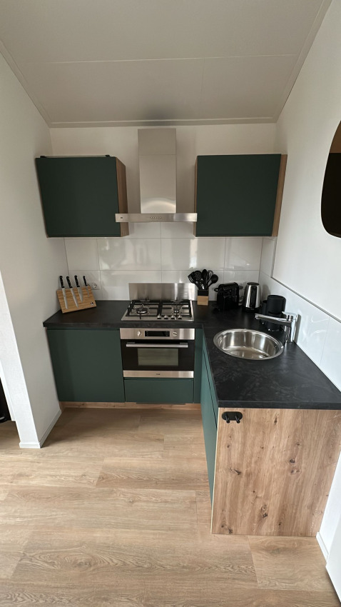 Modern small kitchen in Tiny Lodge at Veluwepark de Bosgraaf, featuring green cabinets and wood accents.